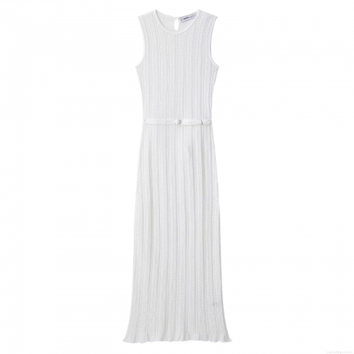 Women's Summer Elegant Knitted Sleeveless Midi Dress With Belt Round Neck Solid Color Minimalist Streetwear White Polyester Long Dress