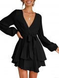 Women's Elegant Deep V-Neck Mini Dress Long Lantern Sleeve Ruffle Hem Tie Waist Solid Color Chiffon Style Bodycon Dress For Women Party Club Night Daily Wear