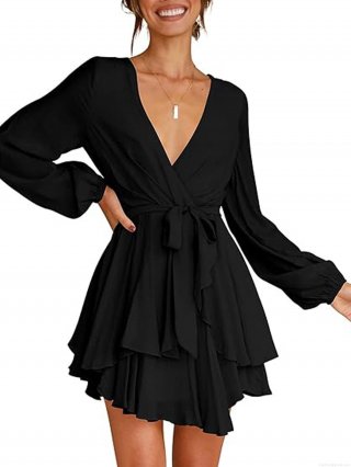 Women's Elegant Deep V-Neck Mini Dress Long Lantern Sleeve Ruffle Hem Tie Waist Solid Color Chiffon Style Bodycon Dress For Women Party Club Night Daily Wear