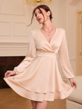 Elegant V Neck Satin Mini Dress For Women Long Lantern Sleeve Ruffle Hem Slim Fit Waist Cinched Cocktail Party Dress