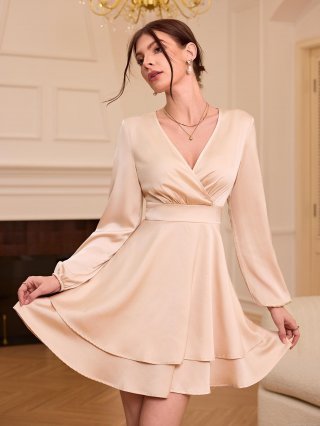 Elegant V Neck Satin Mini Dress For Women Long Lantern Sleeve Ruffle Hem Slim Fit Waist Cinched Cocktail Party Dress