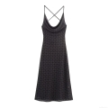 Women's Sexy Polka Dot Spaghetti Strap Maxi Dress Cowl Neck Backless Cross Straps Polyester Mesh Satin Summer Party Night Club Long Dress