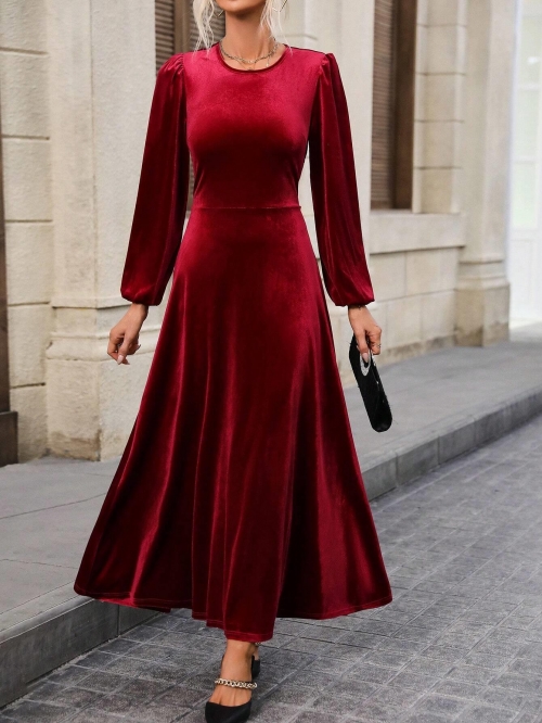 Elegant Wine Red Velvet Maxi Dress Backless Long Sleeve High Waist A-Line Party Gown For Women 95% Polyester 5% Elastane Formal Autumn Winter Dress