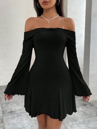 Sexy Off-The-Shoulder Mini Dress Polyester Elastane Ribbed Knit Long Bell Sleeve Slim Fit Bodycon Party Short Dress For Women