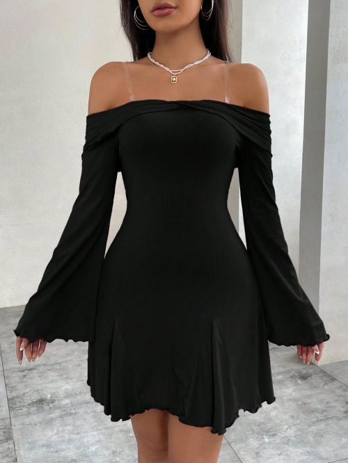 Sexy Off-The-Shoulder Mini Dress Polyester Elastane Ribbed Knit Long Bell Sleeve Slim Fit Bodycon Party Short Dress For Women