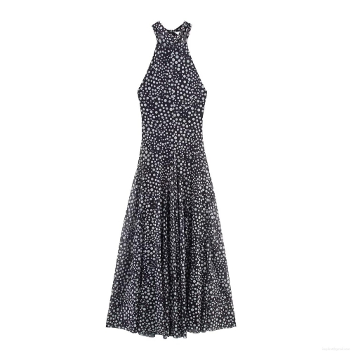 Women's Polka Dot Halter Dress Backless Lace Up Mesh Maxi Summer Party Beach Sexy Western Streetwear Vestido
