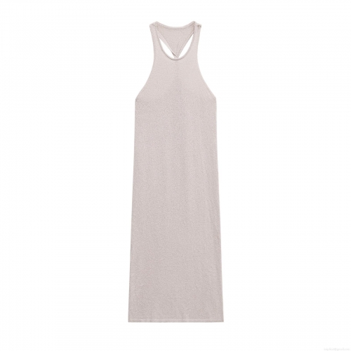 Women's Knit Maxi Dress Backless Halter Neck Sleeveless Solid Color Twisted Detail Polyester Boucle Yarn Summer Party Club Long Dress