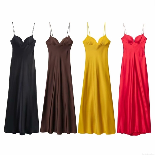 Summer 2025 Women Sexy Backless Satin Midi Dress V-Neck Sleeveless Camisole Slip Dress Solid Color Elegant Party Clubwear Evening Gown Polyester Streetwear