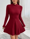 Women's Burgundy Ribbed Knit Dress Polyester Elastane Slim Fit Mock Neck Long Sleeve A-Line Mini Dress For Casual Party Fashion