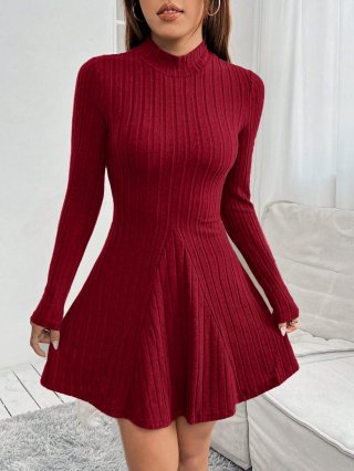 Women's Burgundy Ribbed Knit Dress Polyester Elastane Slim Fit Mock Neck Long Sleeve A-Line Mini Dress For Casual Party Fashion