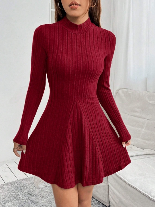 Women's Burgundy Ribbed Knit Dress Polyester Elastane Slim Fit Mock Neck Long Sleeve A-Line Mini Dress For Casual Party Fashion