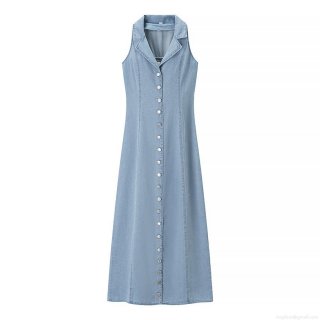Women's Sleeveless Denim Style Maxi Dress Single Breasted Lapel Collar Slim Fit Pencil Long Dress Casual Summer Streetwear Blue Vestidos