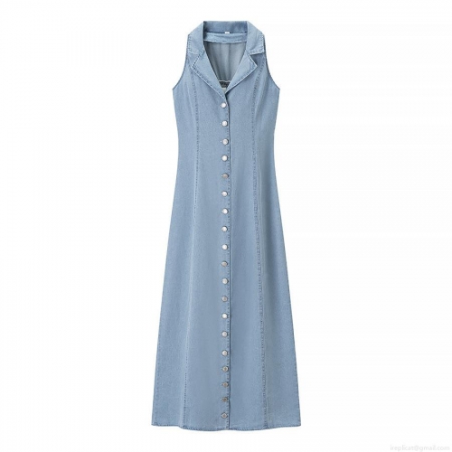 Women's Sleeveless Denim Style Maxi Dress Single Breasted Lapel Collar Slim Fit Pencil Long Dress Casual Summer Streetwear Blue Vestidos