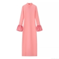Elegant Peach Pink Polyester Satin Women's Long Sleeve Dress With Stand Collar Bell Sleeves Bodycon Back Split Midi Dress For Party Club Evening Chic