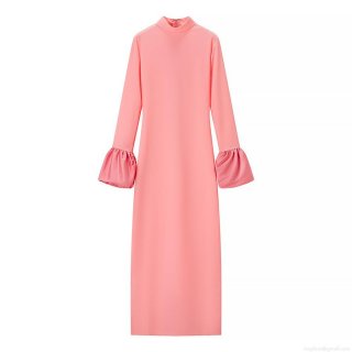 Elegant Peach Pink Polyester Satin Women's Long Sleeve Dress With Stand Collar Bell Sleeves Bodycon Back Split Midi Dress For Party Club Evening Chic