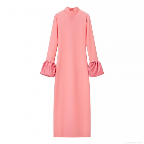 Elegant Peach Pink Polyester Satin Women's Long Sleeve Dress With Stand Collar Bell Sleeves Bodycon Back Split Midi Dress For Party Club Evening Chic