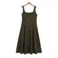 Women's Olive Green Polyester Hollow Embroidery Lace Square Neck Wide Strap Midi Dress Elegant Sleeveless A-Line Camisole Dress For Summer Vacation