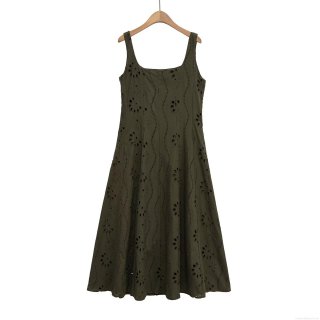 Women's Olive Green Polyester Hollow Embroidery Lace Square Neck Wide Strap Midi Dress Elegant Sleeveless A-Line Camisole Dress For Summer Vacation