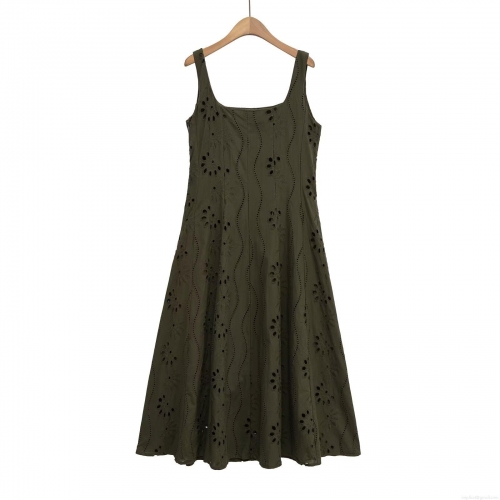 Women's Olive Green Polyester Hollow Embroidery Lace Square Neck Wide Strap Midi Dress Elegant Sleeveless A-Line Camisole Dress For Summer Vacation