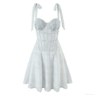 Women's Sexy Polka Dot Corset Mini Dress Bow Tie Shoulder Straps Lace Up Back Sleeveless A-Line Summer Party Dresses High Waist Dress