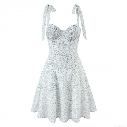 Women's Sexy Polka Dot Corset Mini Dress Bow Tie Shoulder Straps Lace Up Back Sleeveless A-Line Summer Party Dresses High Waist Dress