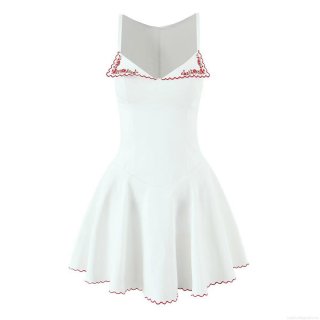 Women's White Sleeveless Mini A-Line Dress Cotton Blend Red Floral Embroidery Scalloped Edge Lapel Neck Slim Fit Short Sundress For Summer Party Holiday