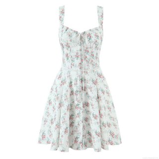 Women's Sexy Floral Printed Fishbone Tie Up Waist Midi Dress Spaghetti Strap White Rose Print Sleeveless Backless A-Line Summer Vacation Party Slim Fit Nylon Blend Dress
