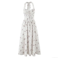 Women's Halter Neck Backless Floral Print Midi Dress Nylon Spandex Off-White Polka Dot Lace-up A-Line Dress for Summer Party Vacation Elegant Streetwear Slim Fit Dress