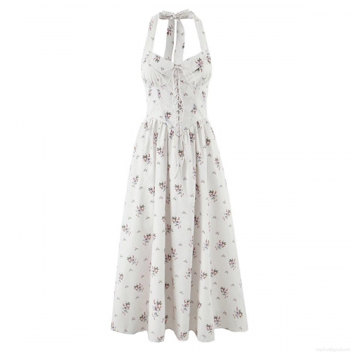 Women's Halter Neck Backless Floral Print Midi Dress Nylon Spandex Off-White Polka Dot Lace-up A-Line Dress for Summer Party Vacation Elegant Streetwear Slim Fit Dress