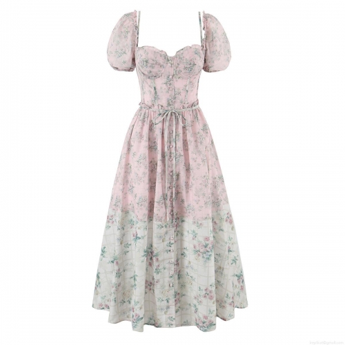 French Style Floral Print Midi Dress Polyester Puff Sleeve Square Neck Backless Slim Fit Women Summer Vacation Party A-Line Dresses