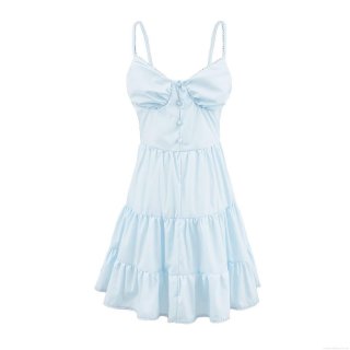 Women's Sweet Light Blue Layered Cami Mini Dress Sexy V Neck Backless A-Line Cake Skirt With Lace Trim Button Decor Summer Party Vacation Sleeveless Dress