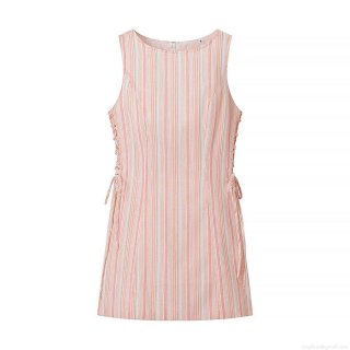 Women's Summer Pink White Vertical Striped Sleeveless Round Neck Mini Dress Slim Fit Lace Up Waist Dress For Holiday Casual Fashion Street Style 100% Polyester Woven Elegant Sundress