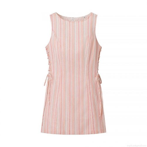 Women's Summer Pink White Vertical Striped Sleeveless Round Neck Mini Dress Slim Fit Lace Up Waist Dress For Holiday Casual Fashion Street Style 100% Polyester Woven Elegant Sundress