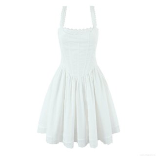 Women Sexy White Lace Patchwork Mini Dress Spaghetti Strap Backless Lace-up Corset Sleeveless Cotton Dress For Summer Vacation Date Night Party Casual Streetwear