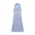 Women's Casual Sleeveless Polo Neck Maxi Dress With Woven Belt Solid Color Tiered Hem Summer Button Down Shirt Dress for Women