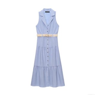 Women's Casual Sleeveless Polo Neck Maxi Dress With Woven Belt Solid Color Tiered Hem Summer Button Down Shirt Dress for Women