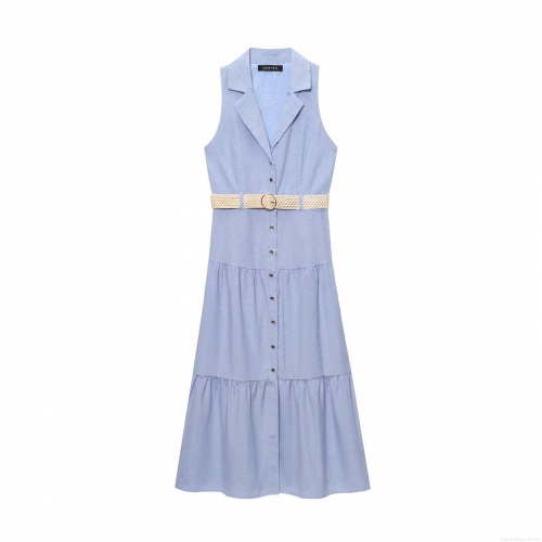 Women's Casual Sleeveless Polo Neck Maxi Dress With Woven Belt Solid Color Tiered Hem Summer Button Down Shirt Dress for Women