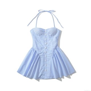 Women Summer Light Blue Striped Halter Neck Mini Dress Sexy Single Breasted Sleeveless Backless Cotton Blend Streetwear Sundress