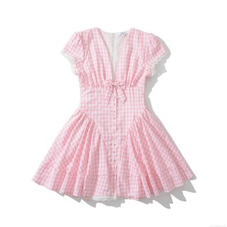 Women's Summer Sweet Gingham Mini Dress With Lace Trim V-Neck Bow Patchwork Short Sleeve Polyester Cotton Back Zipper A-Line Dress For Vacation Party