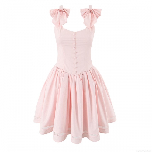 Sweet Pink Cotton Cami Dress with Bow Shoulder Straps Lace Hem and Decorative Buttons Women's Summer A-line Mini Dress for Party and Dating
