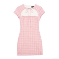 Women's Gingham Short Sleeve Mini Dress With Neckline Hollow Out Bow Tie Up Summer Pink White Checkered Sexy Bodycon Dress For Party Club