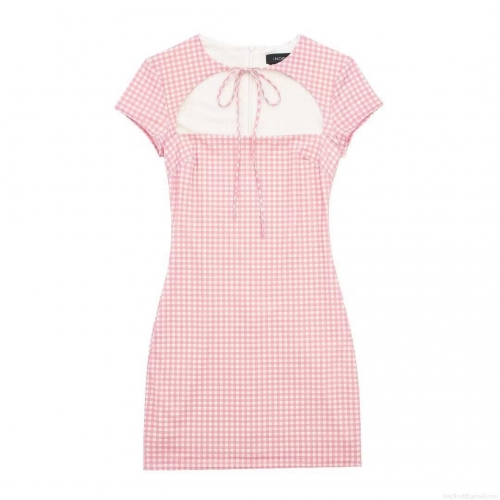 Women's Gingham Short Sleeve Mini Dress With Neckline Hollow Out Bow Tie Up Summer Pink White Checkered Sexy Bodycon Dress For Party Club