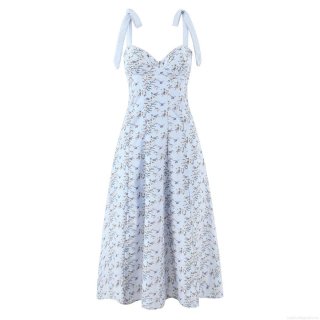 Women Light Blue Bee Floral Print Midi Cami Dress Backless Tie-up Sweetheart Neck Lace Trim Polyester Dress Summer Vacation Beach Party Ladies Clothing