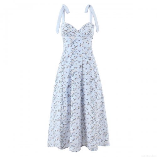 Women Light Blue Bee Floral Print Midi Cami Dress Backless Tie-up Sweetheart Neck Lace Trim Polyester Dress Summer Vacation Beach Party Ladies Clothing