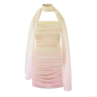 Women's Sexy Gradient Ruched Mini Dress With Matching Scarf Wrap Summer Polyester Mesh Tube Top Bodycon Dress For Party Vacation