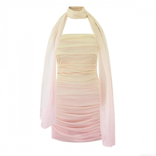 Women's Sexy Gradient Ruched Mini Dress With Matching Scarf Wrap Summer Polyester Mesh Tube Top Bodycon Dress For Party Vacation