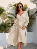 Elegant Apricot Midi Dress Women Long Sleeve Square Neck Hollow Out High Waist Ruffle Cuff Slim Fit A-Line Solid Knit Dress Autumn Winter Office Party Commute Clothing