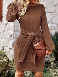 Women's Elegant Long Sleeve Knitted Mini Dress Cotton Polyester Blend Tie-up Waist Slim Fit Bodycon Ribbed Dress For Autumn Winter Office Daily