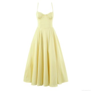 Women Summer Sexy Satin Yellow Corset Strappy Maxi Dress Backless V-Neck Large Swing Lace Trim Long Dress For Party Vacation