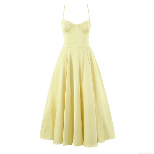 Women Summer Sexy Satin Yellow Corset Strappy Maxi Dress Backless V-Neck Large Swing Lace Trim Long Dress For Party Vacation